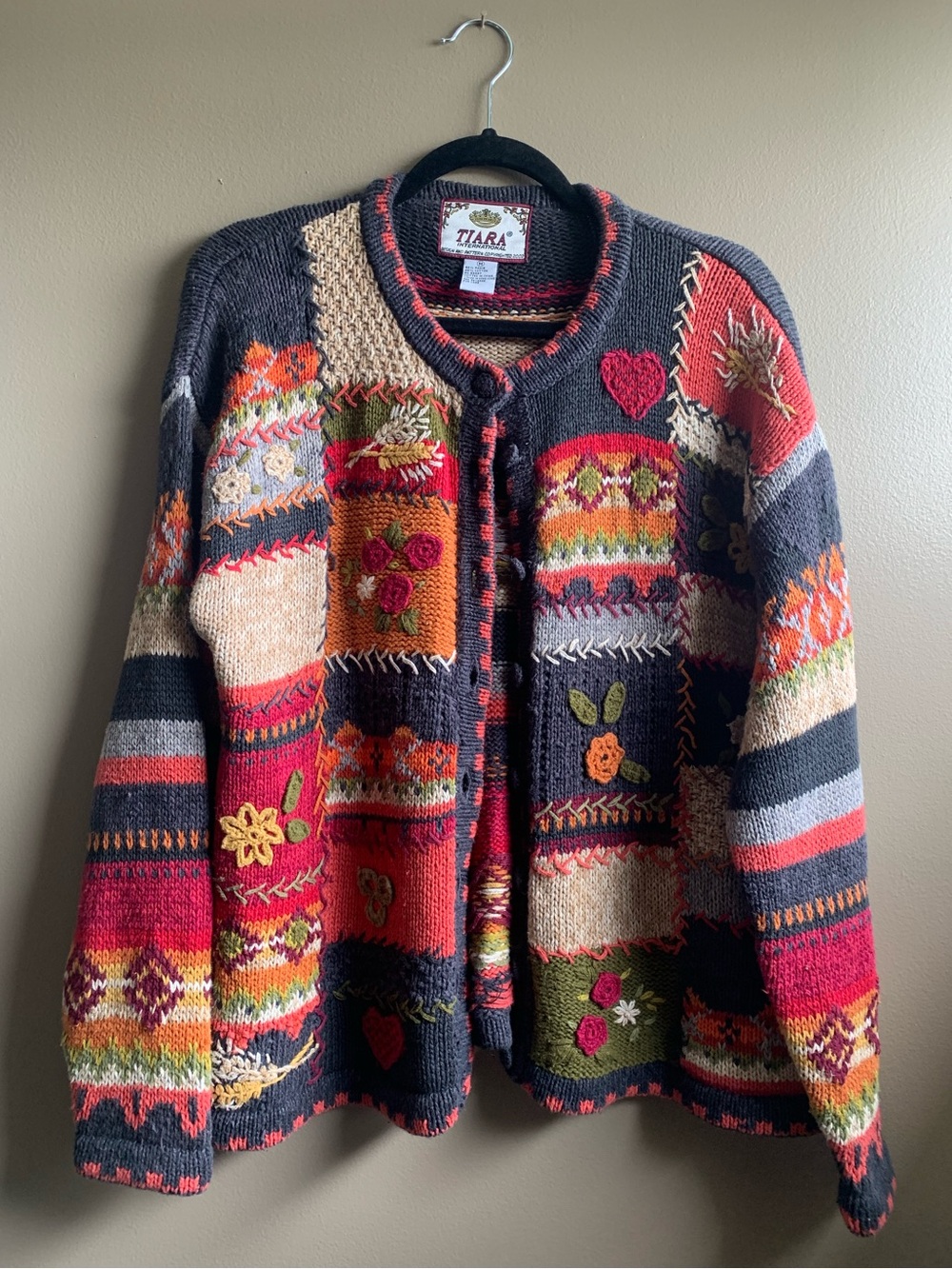 Vintage 2002 Tiara International Patchwork Knit Women's Sweater Cardigan